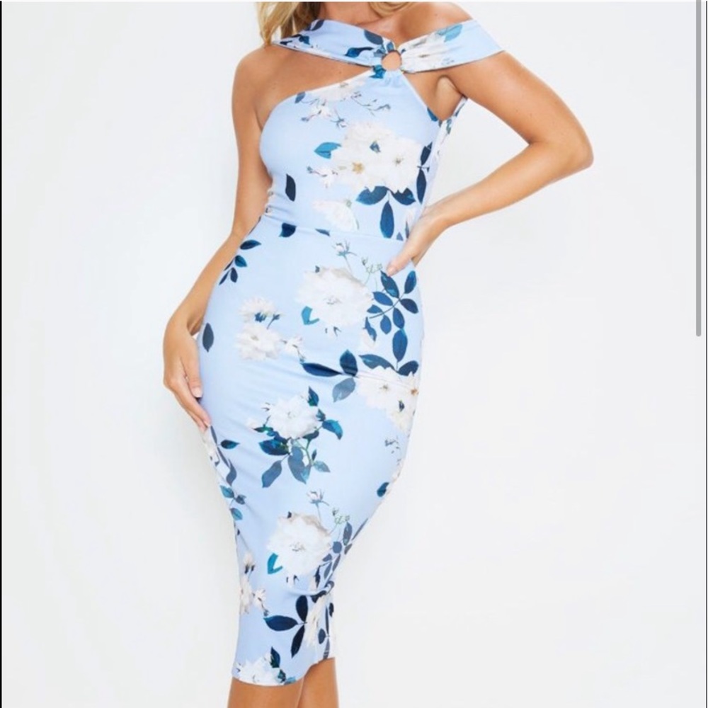 NEW Dusty Blue Floral Print Ring Detail Midi Dress
